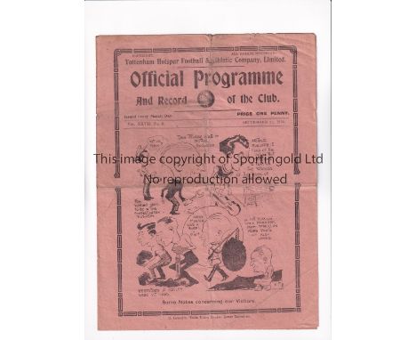 TOTTENHAM HOTSPUR        Programme for the home League match v Aston Villa 22/9/1934, folded in four and slightly worn.     G