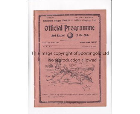 TOTTENHAM HOTSPUR      Programme for the home South Eastern League match v Norwich City 28/9/1912, ex-binder.       Generally