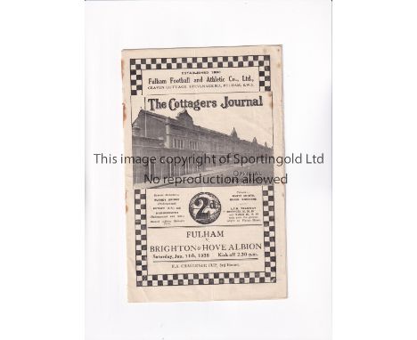 FULHAM V BRIGHTON 1936 FA CUP      Programme for the tie at Fulham 11/1/1936, vertical fold and staples rusted away.     Fair