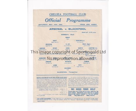 1943 WAR CUP FINAL AT CHELSEA F.C.        Single sheet programme for the North v South winners, Arsenal v Blackpool at Stamfo