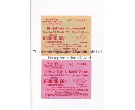 FA CUP TICKETS    Two tickets Bristol City home tie v Leeds United 16/2/1974 and Liverpool 9/3/1974, both slightly creased.  