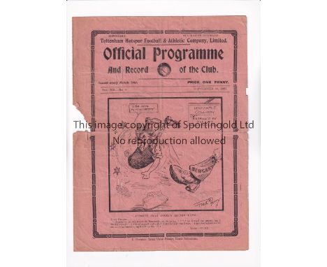 TOTTENHAM HOTSPUR        Programme for the home League match v Huddersfield Town 10/9/1927, paper loss in the centre of the s