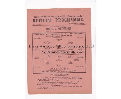 TOTTENHAM HOTSPUR      Single sheet programme for the home League South A match v Norwich City 27/5/1940.       Generally goo
