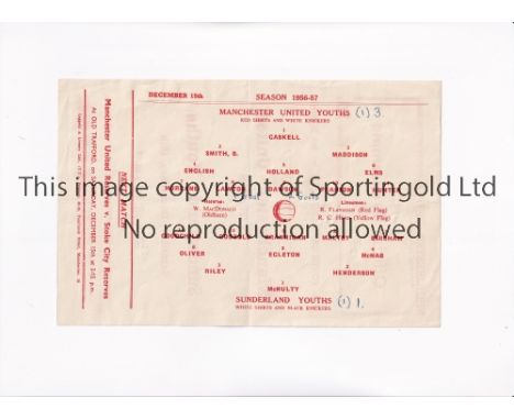 MANCHESTER UNITED      Single sheet programme for the home F.A. Youth Cup tie v Sunderland 15/12/1956, very slightly creased 