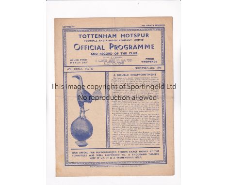 TOTTENHAM HOTSPUR        Programme for the home League match v Plymouth Argyle 23/11/1946, slightly creased.     Generally go