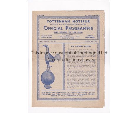 TOTTENHAM HOTSPUR        Programme for the home League match v Fulham 8/3/1947, slightly creased.     Generally good