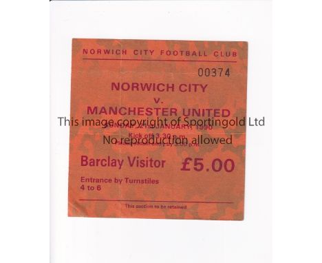 NORWICH V MANCHESTER UNITED 1990     Ticket for the league game at Carrow Road on 21/1/90.   Good