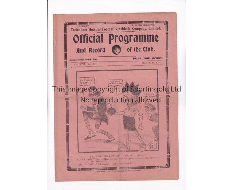 TOTTENHAM HOTSPUR        Programme for the home League match v Huddersfield Town 14/3/1925, slightly creased.     Generally g