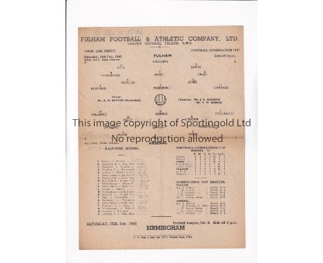 ARSENAL     Single sheet programme for the away Football Combination Cup tie v Fulham 14/2/1948, slightly creased.     Genera