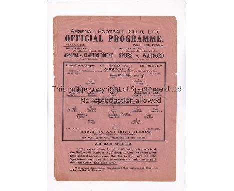 ARSENAL Single sheet programme for the home London War League match 14/3/1942 v Brighton &amp; Hove Albion, slightly creased,