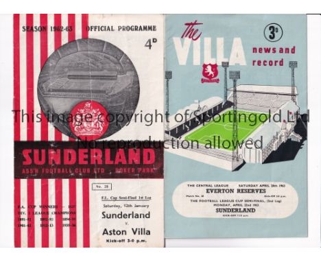 1963 LEAGUE CUP SEMI-FINAL    Two programmes for the first leg at Sunderland v Aston Villa, creased and slightly worn on the 
