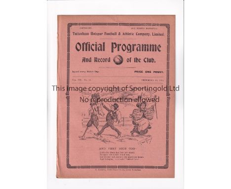 TOTTENHAM HOTSPUR      Programme for the home League match v Sunderland 19/12/1914, ex-binder.       Generally good