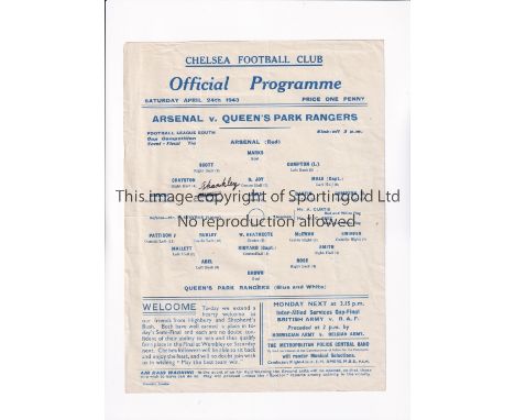 FLS WAR CUP SEMI-FINAL AT CHELSEA / ARSENAL V QPR.    Single sheet for the match at Stamford Bridge 24/4/1943, slightly creas