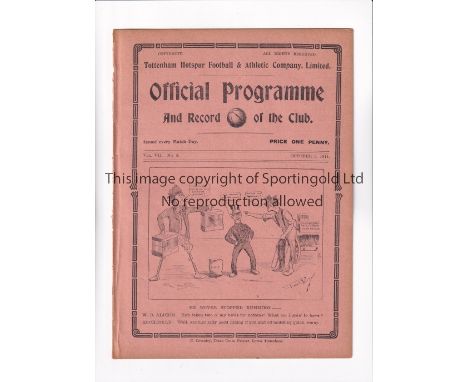TOTTENHAM HOTSPUR      Programme for the home South Eastern League match v Fulham 3/10/1914, ex-binder.       Generally good