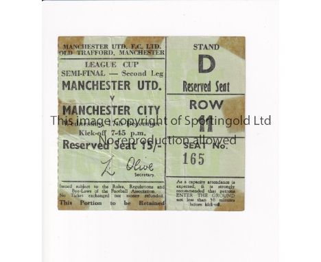 MANCHESTER UNITED       Ticket for the home League Cup Semi-Final v Manchester City 17/12/1969. Tape marks.    Fair to genera