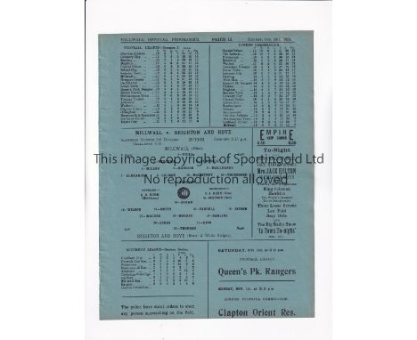 MILLWALL V BRIGHTON 1934      Single sheet programme for the Southern Section 3rd Division Cup tie at Millwall 29/10/1934, ex