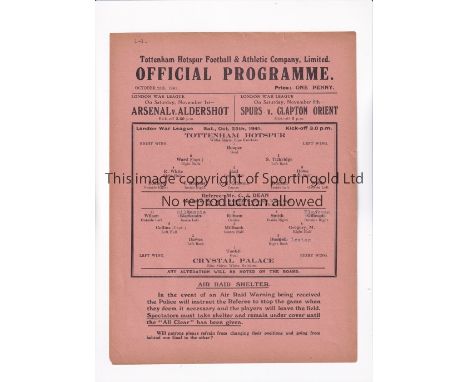 TOTTENHAM HOTSPUR     Single sheet programme for the home FL South match v Crystal Palace 25/10/1941, team changes and score 