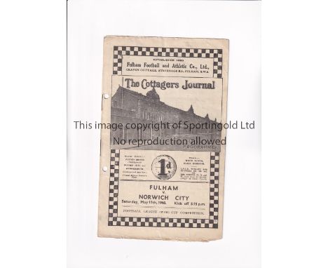 FULHAM V NORWICH CITY 1940     Programme for the FL War Cup tie match at Fulham 11/5/1940, punched holes.     Fair to general