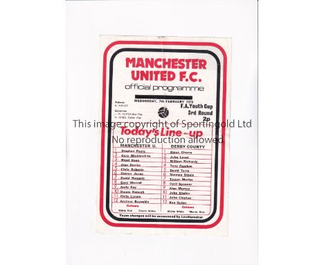 MANCHESTER UNITED         Programme for the home FA Youth Cup tie v Derby County 7/2/1979, slightly creased.    Generally goo