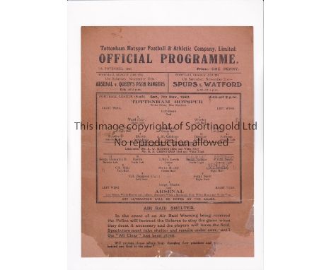 TOTTENHAM HOTSPUR V ARSENAL 1942       Single sheet programme for the FL South match at Tottenham 7/11/1942, repairs and pape