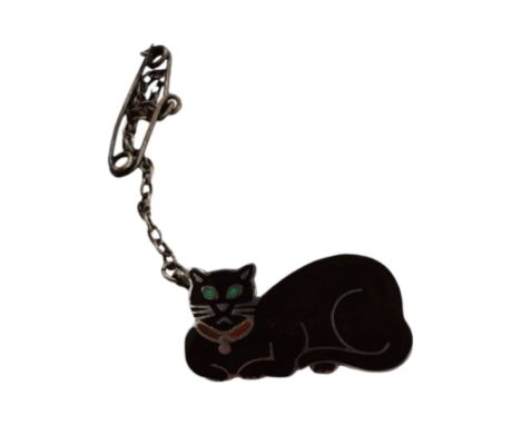 STERLING SILVER LUCKY BLACK CAT ENAMEL BROOCH