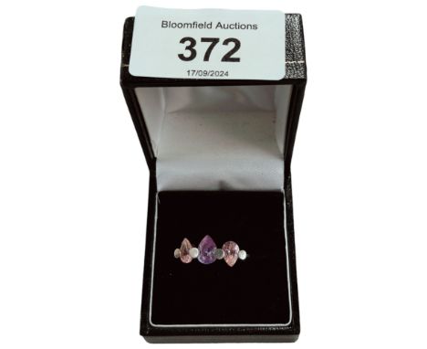 SILVER 3 STONE AMETHYST AND PINK STONE RING