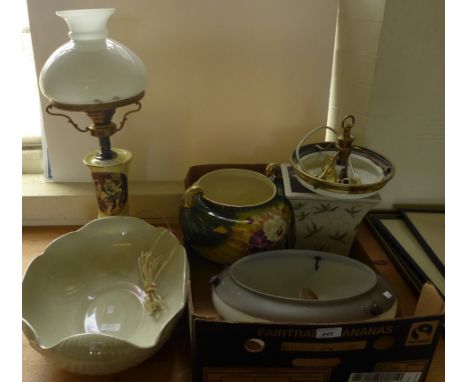 A mixed lot comprising table lamp, glass ceiling light fittings, jardiniere's and a Shelley washbowl