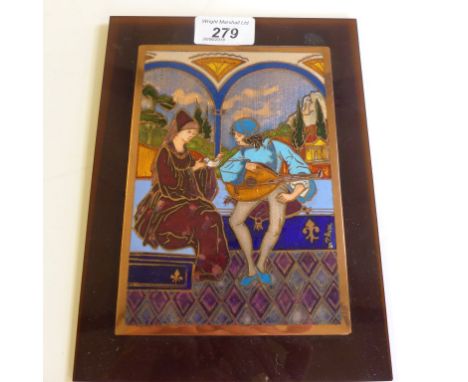 A contemporary enamel plaque depicting two seated figures set on a perspex back.