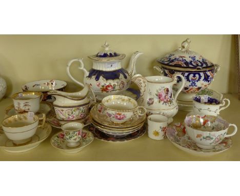 A collection of mainly 19th Century English floral ceramics to include a range of various cups, saucers, teapot, dessert plat