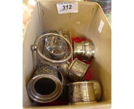 A mixed lot of assorted hallmarked silver to include six napkin rings, pair of Victorian open salts, three trident form pickl