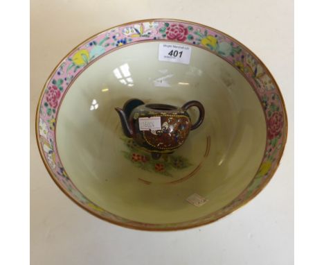 A mixed lot comprising a Oriental circular bowl with enamelled decoration together with a miniature cloisonne teapot (2)   CO