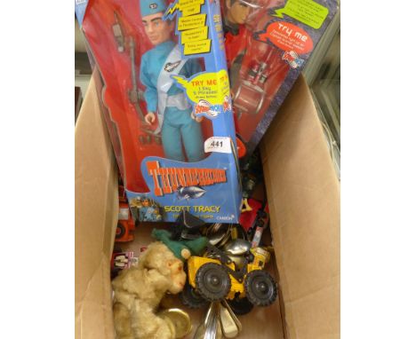 A mixed lot of assorted toys to include Thunderbirds, Scott Tracy model, Captain Scarlett model, various Matchbox and other t