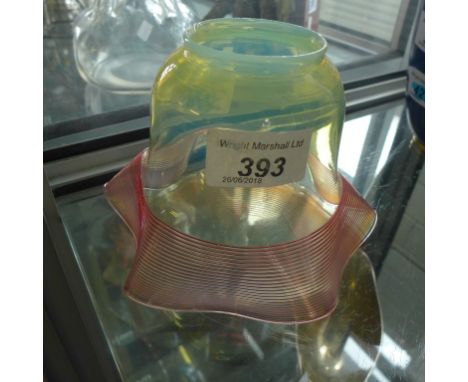 A small late 19th/early 20th Century vaseline and cranberry coloured light shadeOf frilled ribbed form, 10cm high    CONDITIO