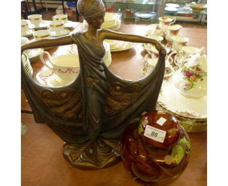 Carltonware Rouge ginger jar (af) together with a modern Art Deco style figurine by Austin Sculptures (2).