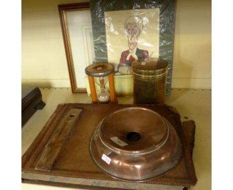 A mixed lot comprising a vintage leather bound ledger, a copper spittoon, a vintage spirit level, egg timer, graduated set of