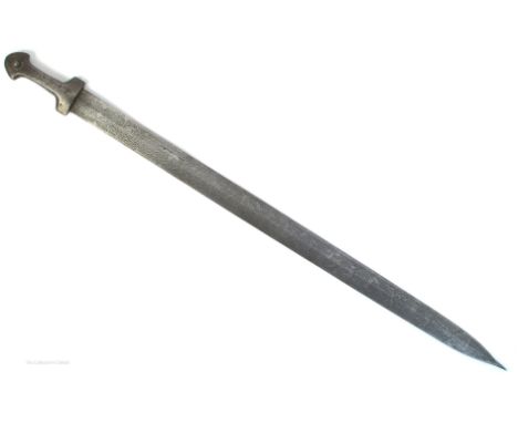 19th century Caucasian kindjal-style long sword with mail-piercing point, the broad double-edged blade with armour-piercing p