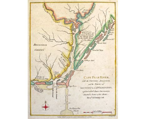 1781 Map of Cape Fear showing the battle dispositions of Cornwallis' Army. A hand coloured engraved map of Cape Fear River wi