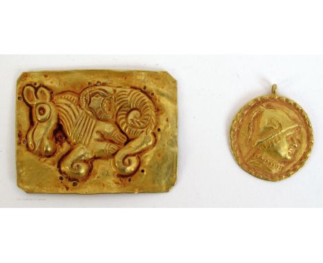 Circa 200 AD, Bactrian gold plaque repousse decorated with a stylised horse. 2.6g, 1¾" x 1¼" (4.3 x 3.1cm); together with a c