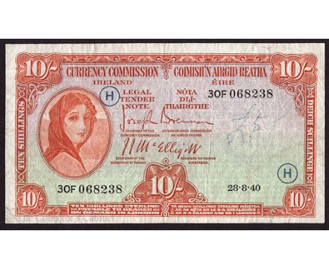 Banknotes, Central Bank of Ireland, 'Lady Lavery', ten shillings, War Codes, 28-8-40 (H); 7-11-40 (K); 7-4-43 (L). Provenance