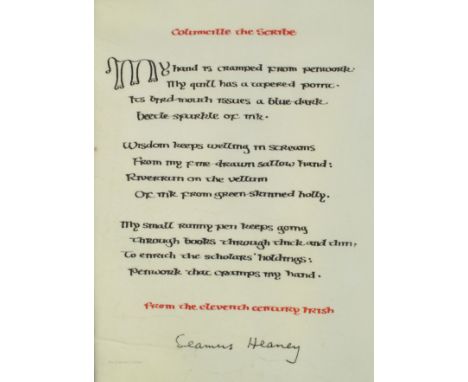 Heaney, Seamus. Columcille the Scribe, Royal Irish Academy, 2004. first edition, manuscript on vellum, cream buckram boards, 