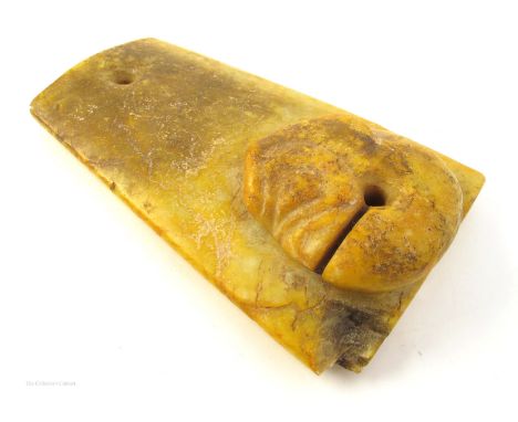 Neolithic Chinese yellow jade ceremonial axe-head, Hongshan culture, carved with high-relief pig dragon or zhulóng, pierced t