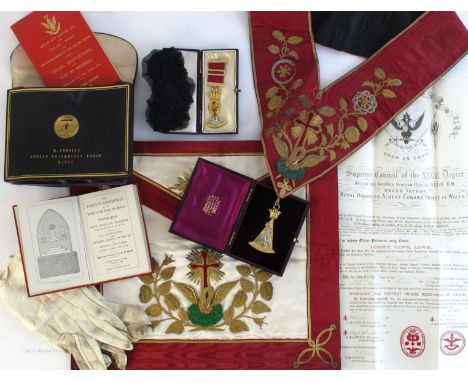 Freemasonry. 19th century Masonic regalia, jewels, certificates and accessories of William Conolly. A certificate of admissio