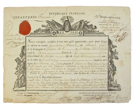 1800 (20 May) Certificate to a veteran Irish soldier in recognition of service French Army, a two-sided, letterptess printed 