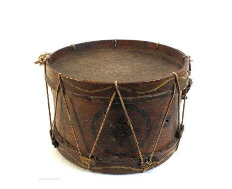 A George III side-drum and two Unionist flags, the drum shell painted with a compass rose, 11" (28cm) high, 16" (41") diamete