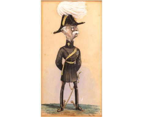 1880s caricature of a British General, watercolour, 7½" x 4" (19 x 10cm), signed "AR"; F. Power, "Camp, Scot's Greys", a wate