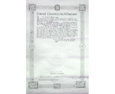 1939 (17 October) 1939 Irish Army Officer's Commission, signed by Douglas Hyde, President and Eamon de Valera and Oscar Trayn