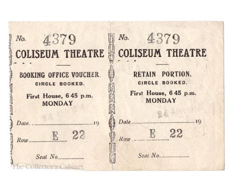 Easter Monday, 1916. Unused theatre ticket for the Coliseum Theatre, Henry Street, together with a Theatre Royal Theatre tick