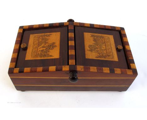 Killarney ware trinket box, the two sloping lids decorated with vignettes of Ross Castle and Muckross Abbey, 7½" (19cm) wide.