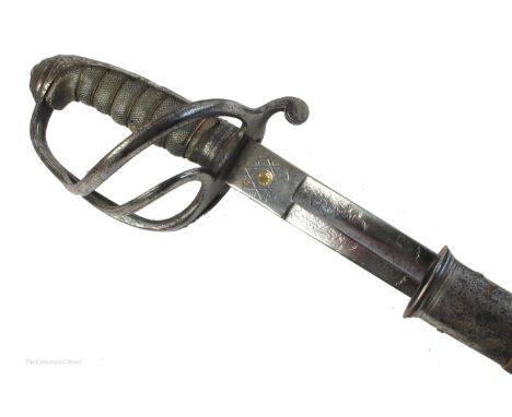 Victorian Horse Artillery light cavalry sword, the slightly curved, deep-fullered blade etched with the insignia of the Royal