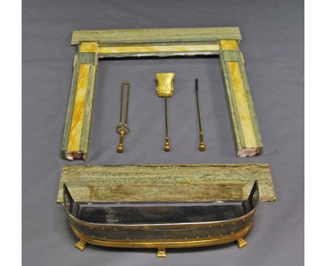 A green and sienna marble fire surround, 20th century, foliate carved corners above fluted jambs, 108cm high x 126cm wide, to
